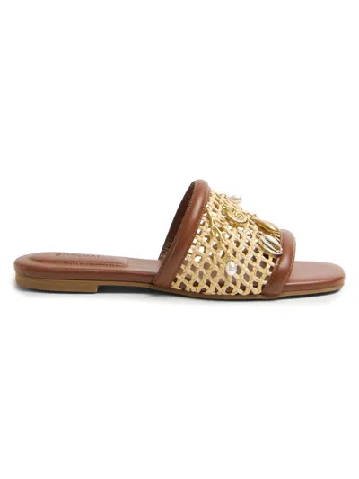 SIMKHAI WOMEN'S CASPIAN CHARM-EMBELLISHED NETTED-RAFFIA FLAT SANDALS