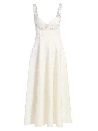 Simkhai Charlotte Embellished Pleated Satin-jacquard Midi Dress In White