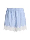 Simkhai Emmie Lace-trimmed Striped Cotton Shorts In Blue
