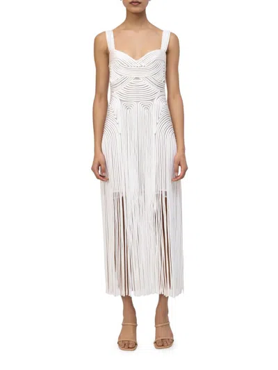Simkhai 'darby' White Midi Dress With Fringed Hem And All-over Soutache Embroidery In Acetate Blend Woman