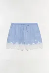 Simkhai Emmie Lace-trimmed Striped Cotton Shorts In Blue
