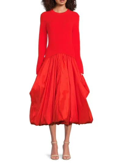 Simkhai Kenlie Ribbed Knit-paneled Taffeta Midi Dress In Red