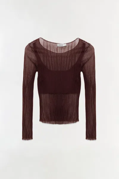 Simkhai Women's Knitted Leonie Sheer Plisse Long Sleeve Top In Mahogany In Brown