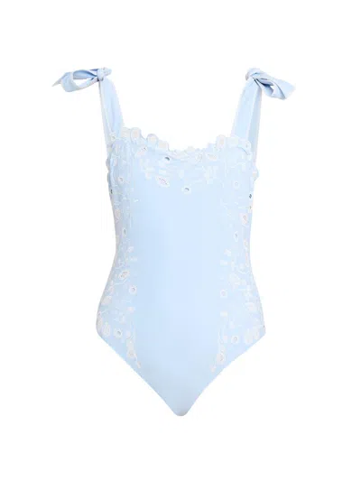 Simkhai Embroidered Lace-up Off-shoulder One-piece Swimsuit In Blue