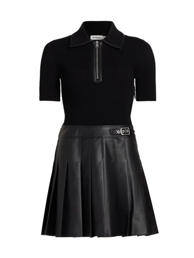 Simkhai Linnie Pleated Ribbed-knit Mini Shirt Dress In Black