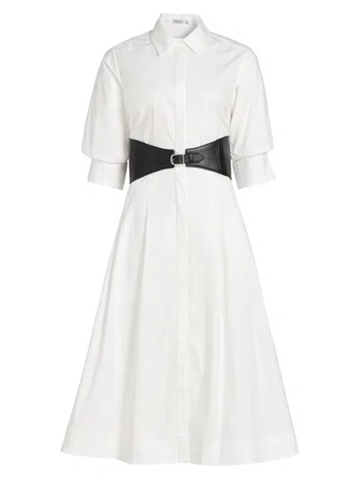 Simkhai Olson Belted Pleated Cotton-blend Poplin Midi Shirt Dress In White