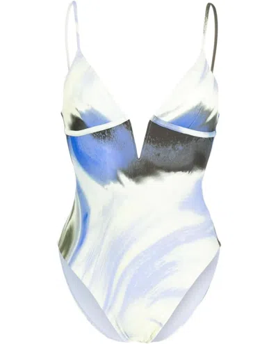Simkhai Women One Piece Swimsuit Maelle V-neck Pull On Marina Blue Print