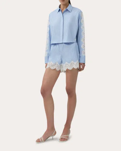 Simkhai Renata Cropped Lace-trimmed Striped Cotton-poplin Shirt In Blue