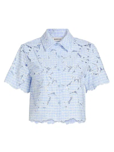 Simkhai Women's Ryett Checked Floral Crop Shirt In Blue
