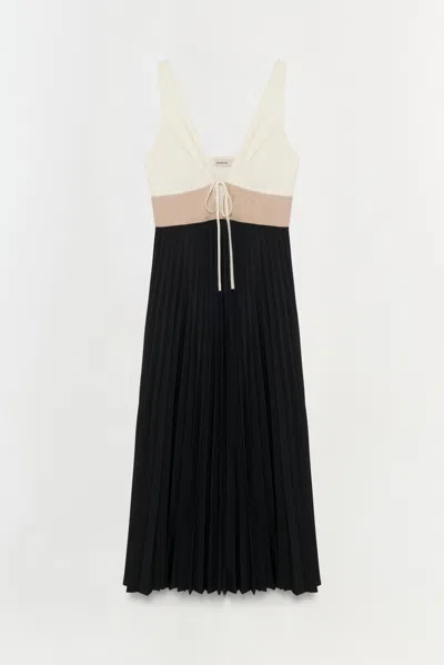 Simkhai Women's V-neck Stephanie Pleated Poplin Midi Dress In Black/multi