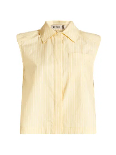 Simkhai Winslow Cropped Shirt In Buttercream Stripe In White