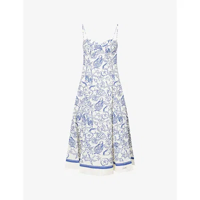 Simkhai Womens Blueberry Multi Analise Graphic-pattern Linen-blend Midi Dress In White