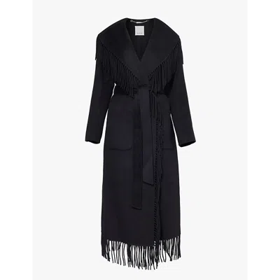 Simkhai Womens Black Carrie Fringe-trim Wool-blend Dressing Gown Coat