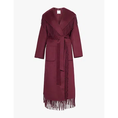 Simkhai Womens Oxblood Carrie Fringe-trim Wool-blend Robe Coat In Oxblood