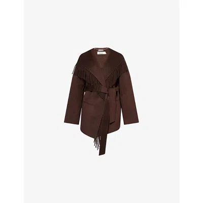 SIMKHAI WOMENS CHOCOLATE ROWEN FRINGED WOOL-BLEND JACKET