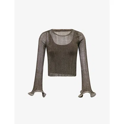 Simkhai Womens Gunmetal Silver Maebry Crystal Embellished-cuffs Woven Top In Gray