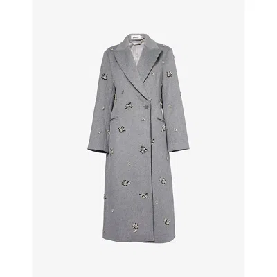 SIMKHAI WOMENS HEATHER GREY GIANNI EMBELLISHED WOOL-BLEND COAT