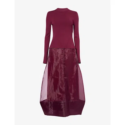 Simkhai Womens Maril Contrast-panel Organza Midi Dress Fig In Burgundy