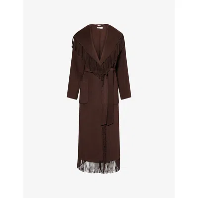 SIMKHAI WOMENS CHOCOLATE CARRIE FRINGED WOOL-BLEND COAT