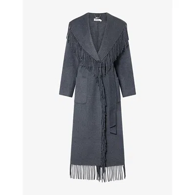 Simkhai Womens  Carrie Fringe-trim Wool-blend Coat In Dark Charcoal