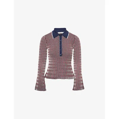 SIMKHAI WOMENS CRANBERRY MULTI COLLEEN STRIPE-PATTERN STRETCH-KNIT POLO TOP