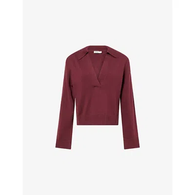 Simkhai Womens Sangria V-neck Long-sleeves Cotton And Cashmere Polo Shirt In Burgundy