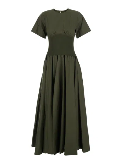 Simkhai Wrenna Green Crewneck Dress With Elastic Waist And Gathered Skirt In Cotton Woman