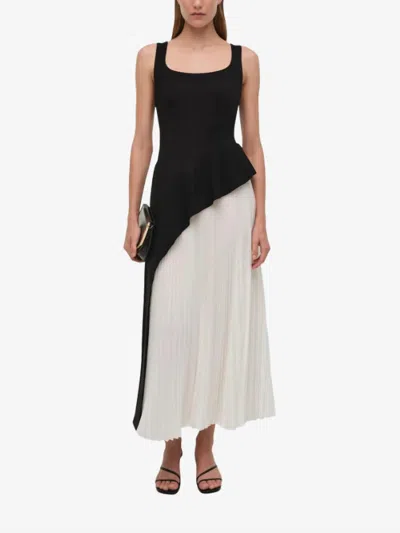 Simkhai Zayla Black And White Dress With Pleated Skirt And Squared Neckline In Tech Fabric Woman