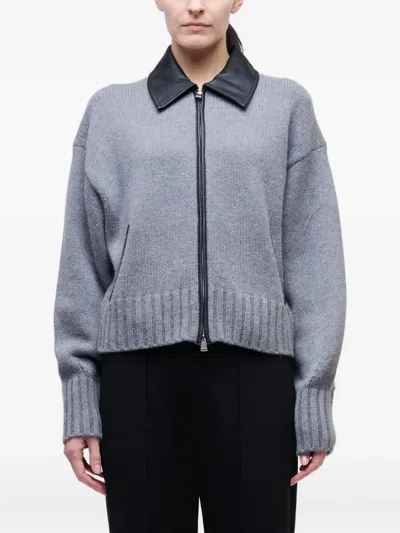 Simkhai Zip-up Leather-collar Cardigan In Gray