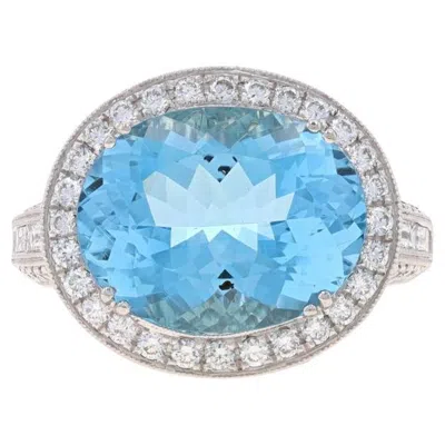 Pre-owned Simon G . Aquamarine & Diamond Halo Ring - White Gold 18k Oval 8.28ctw Sz 6 1/4