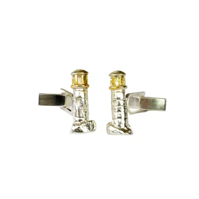 Simon Kemp Jewellers Men's Lighthouse Cufflinks In Solid Sterling Silver And Eighteen Carat Gold Vermeil