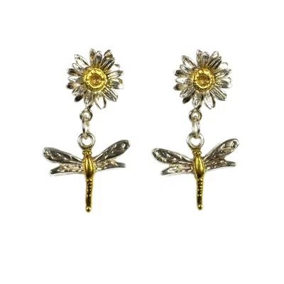 Simon Kemp Jewellers Women's Dragonfly And Daisy Stud Earrings Eighteen Carat Gold On Solid Sterling Silver.
