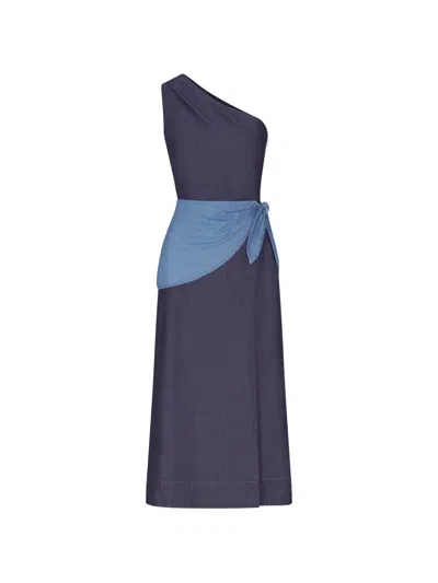 Simon Miller Belem Chambray One-shoulder Midi Dress In Blue