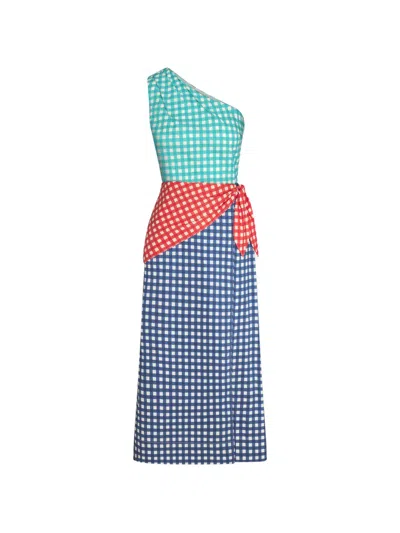 Simon Miller Belem Gingham-check One-shoulder Midi Dress In Blue