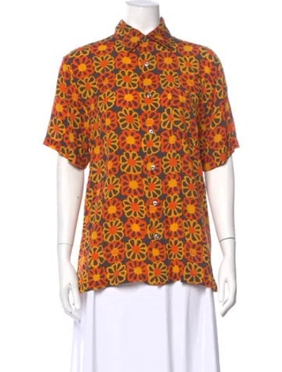 Pre-owned Simon Miller Floral Print Short Sleeve Button-up Top In Orange