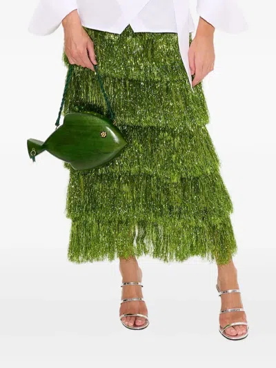 Simon Miller Liv Metallic Fringed Midi Skirt In Green