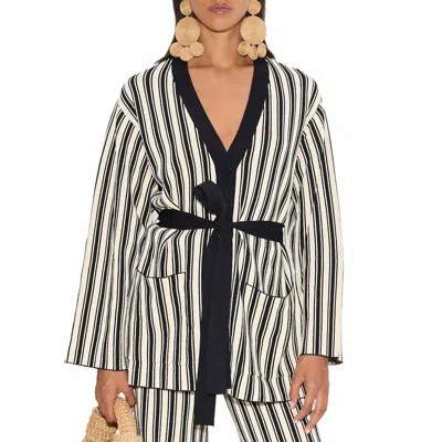 Simon Miller Max Striped Belted Knit Cardigan In Black/rice Flour