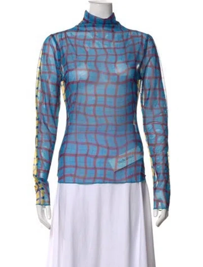 Pre-owned Simon Miller Plaid Print Mock Neck Top In Blue
