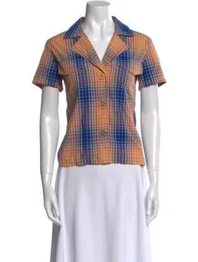 Pre-owned Simon Miller Plaid Print Short Sleeve Button-up Top In Blue
