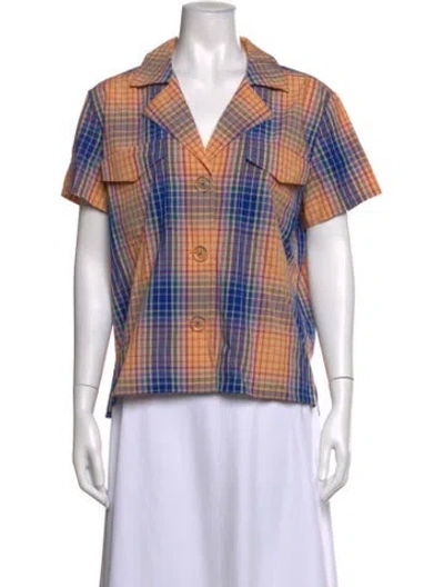 Pre-owned Simon Miller Plaid Print Short Sleeve Button-up Top In Orange