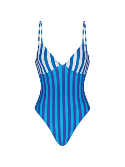 Simon Miller V-neck Striped Swimsuit In Blue