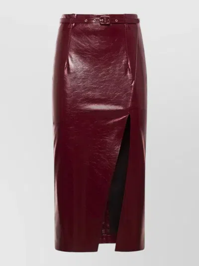 Simona Corsellini Belted Waist Fitted Midi Skirt High Slit In Burgundy
