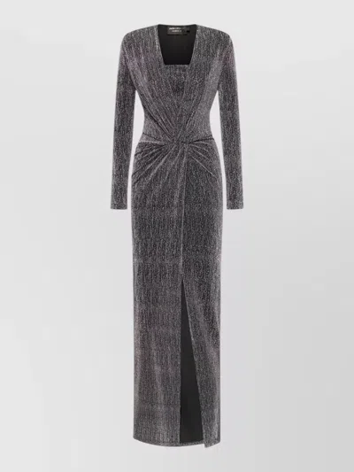 Simona Corsellini Dress Front Slit Long Sleeves Metallic Ruched Square Neckline In Gray