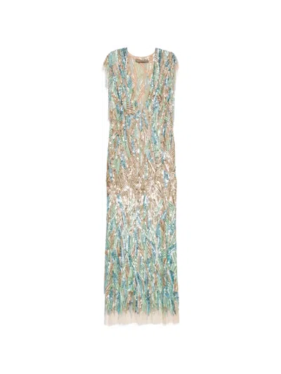Simona Corsellini Sequin-embellished Fringed Maxi Dress In Green