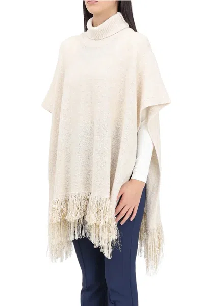 Simona Corsellini Textured Knit Poncho With Fringed Edges In White