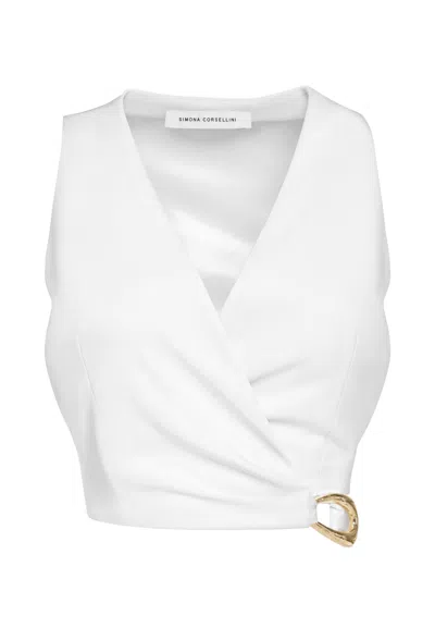 Simona Corsellini Top Top  Cropped With Gold Buckle In White