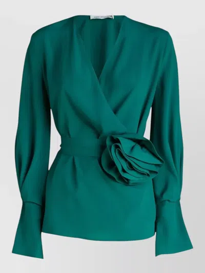 Simona Corsellini Wrap Blouse Deep Neckline Floral Sash Waist In Green