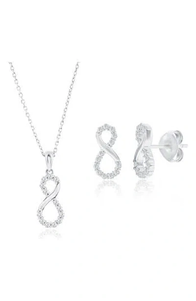 Simona Cubic Zirconia Infinity Stud Earrings & Pendant Necklace Set In Metallic