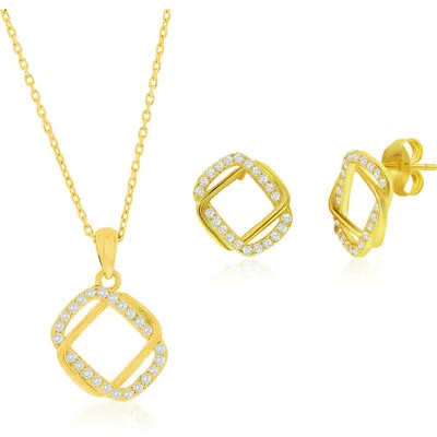 Simona Cubic Zirconia Interlocking Rectangle Stud Earrings & Pendant Necklace Set In Gold