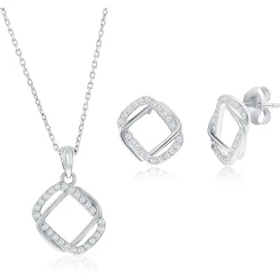 Simona Cubic Zirconia Interlocking Rectangle Stud Earrings & Pendant Necklace Set In Metallic